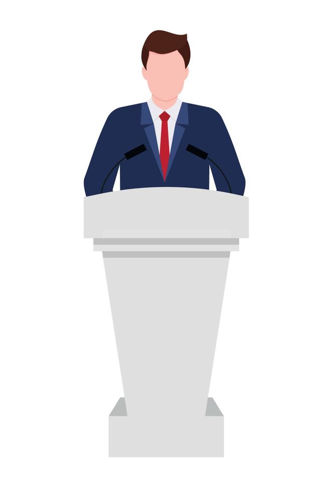 Man near podium. Speaker in suit stand on tribune for speech in conference. Politician speak from podium with microphones. Public orator. President or minister on tribune. Vector. vector