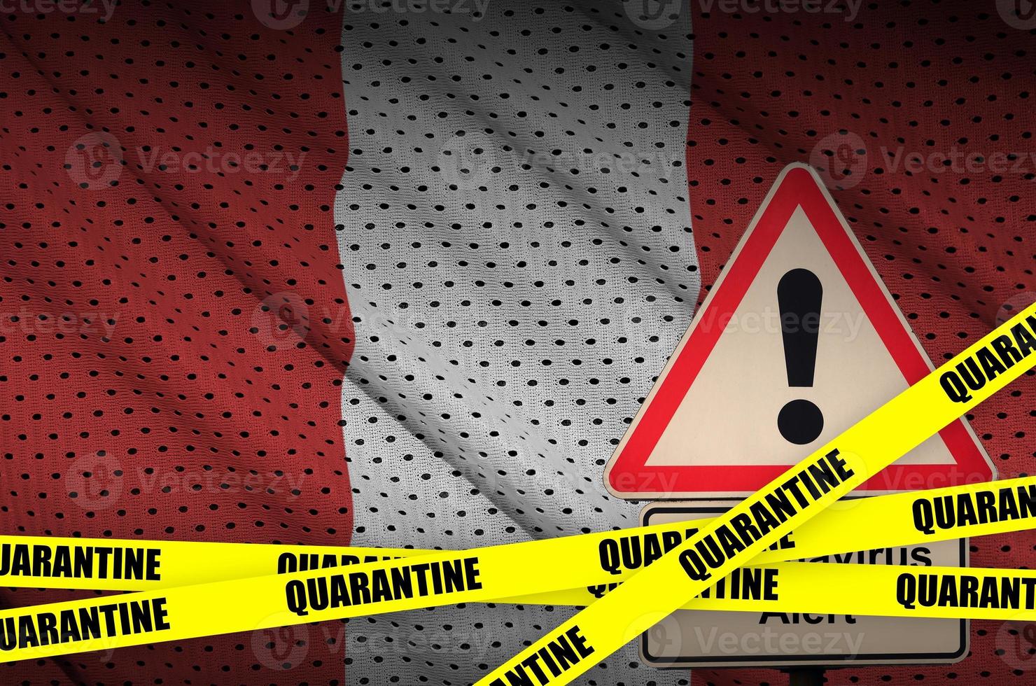 Peru flag and Covid-19 quarantine yellow tape. Coronavirus or 2019-nCov virus photo