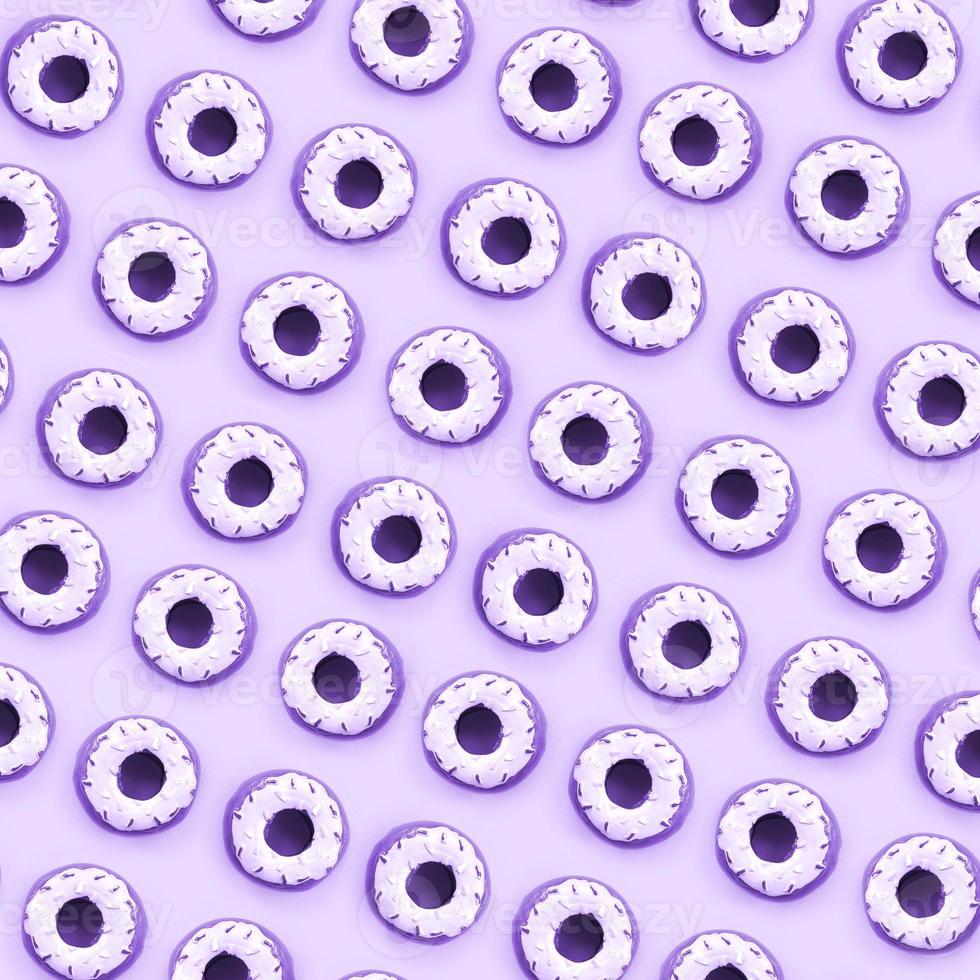 Many small plastic donuts lies on a pastel colorful background. Flat lay minimal pattern. Top view photo