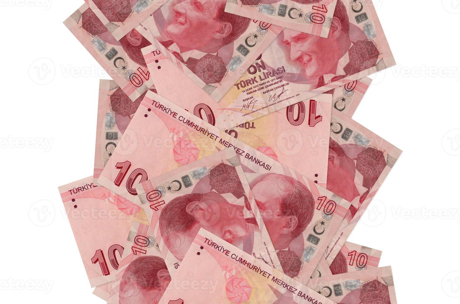 10 Turkish liras bills flying down isolated on white. Many banknotes falling with white copyspace on left and right side photo