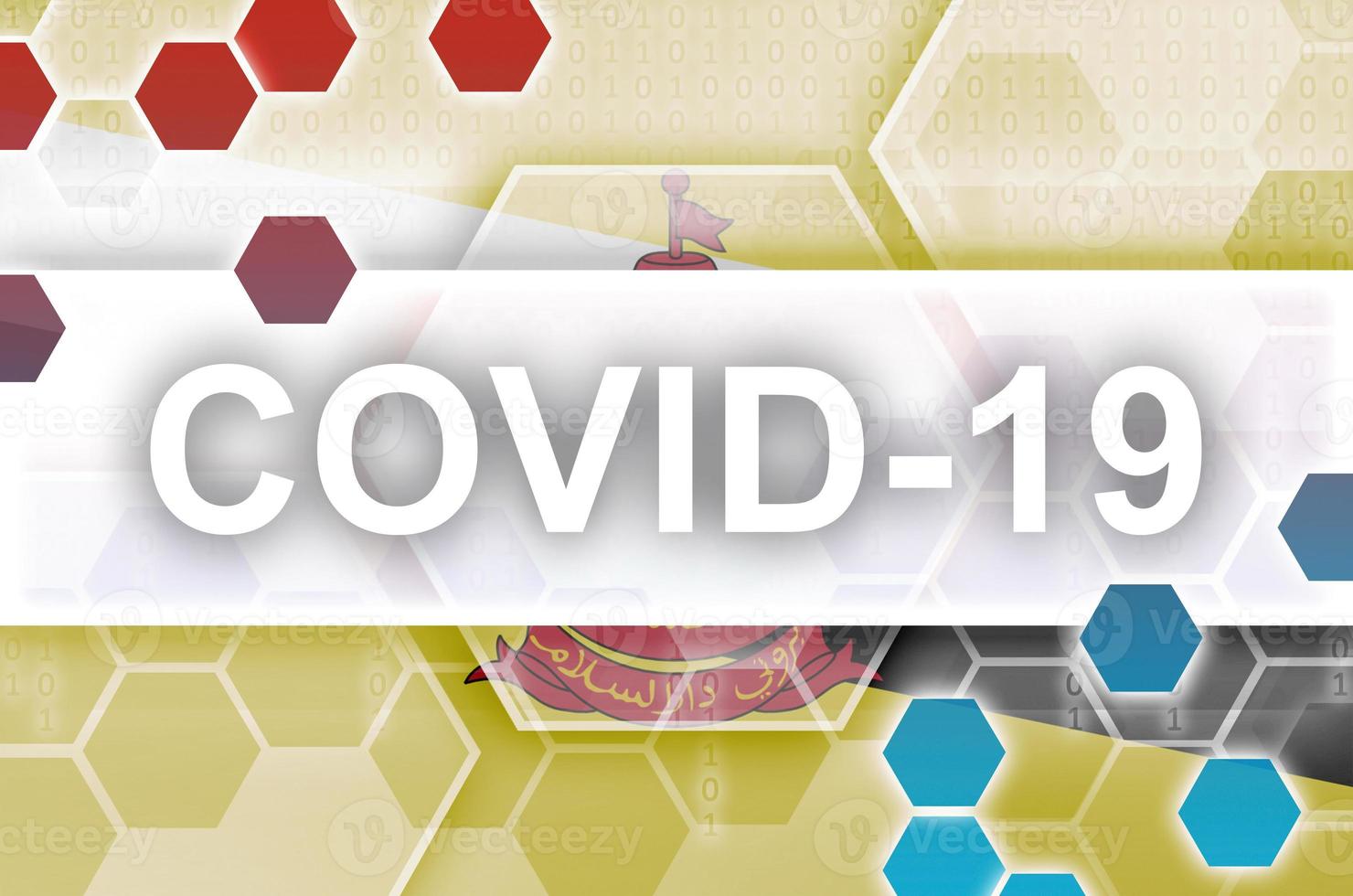 Brunei Darussalam flag and futuristic digital abstract composition with Covid-19 inscription. Coronavirus outbreak concept photo