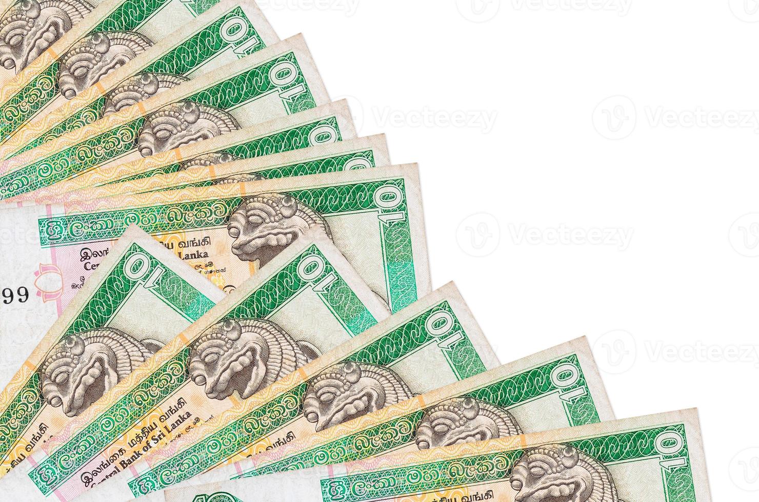 10 Sri Lankan rupees bills lies isolated on white background with copy space stacked in fan close up photo