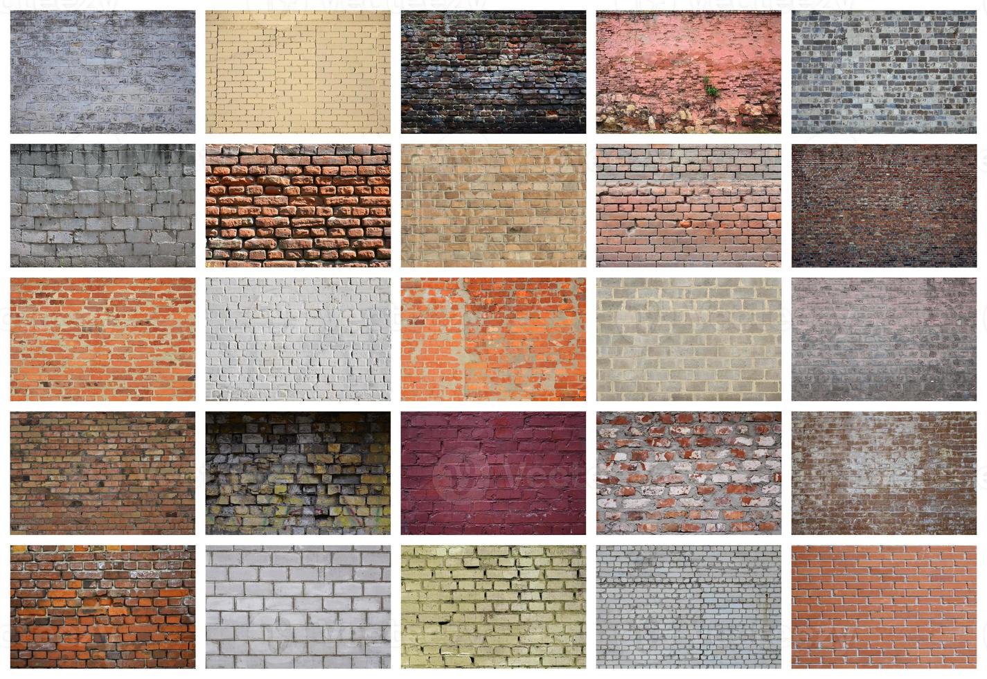 A collage of many pictures with fragments of brick walls of different colors close-up. Set of images with varieties of brickwork photo