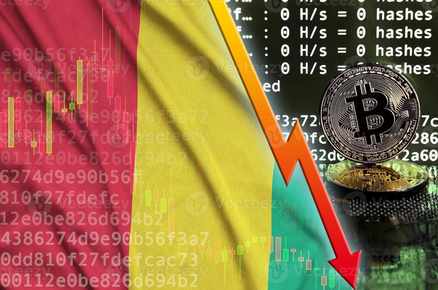 Guinea flag and falling red arrow on bitcoin mining screen and two physical golden bitcoins photo