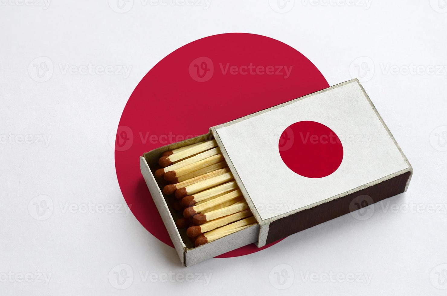 Japan flag is shown in an open matchbox, which is filled with matches and lies on a large flag photo