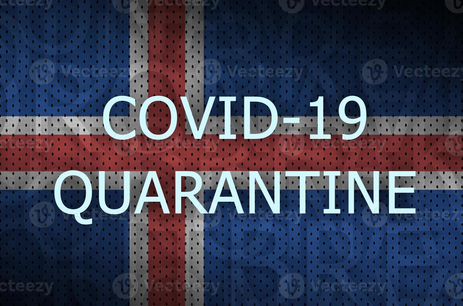 Iceland flag and Covid-19 quarantine inscription. Coronavirus or 2019-nCov virus photo