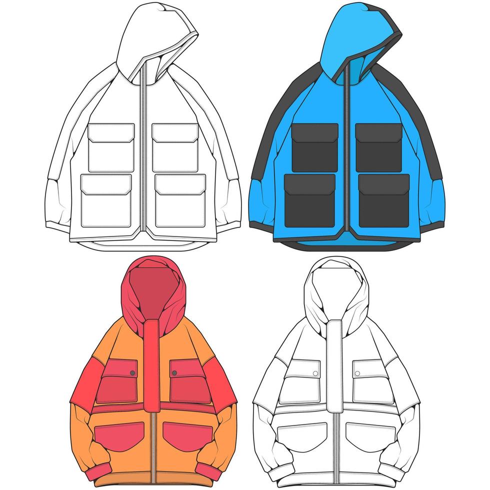 Windbreaker jacket technical fashion illustration, long sleeves, welt pockets. template front sketch jacket vector