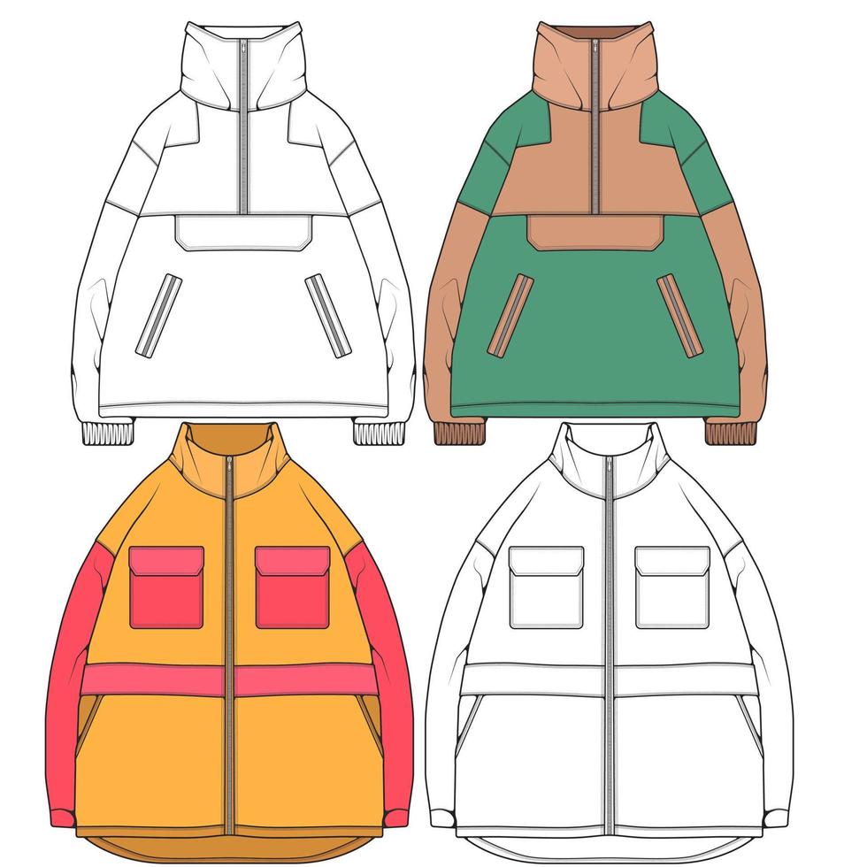 chaqueta rompevientos ilustración técnica de moda, mangas largas, bolsillos ribeteados. chaqueta de boceto frontal de plantilla vector