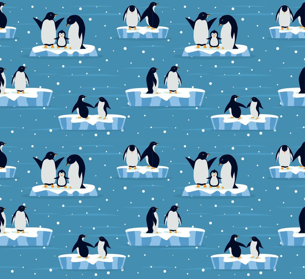 Beautiful panorama with natural arctic glacier and with group penguin. Panoramic landscape of north sea or arctic ocean snow mountains. Seamless pattern vector