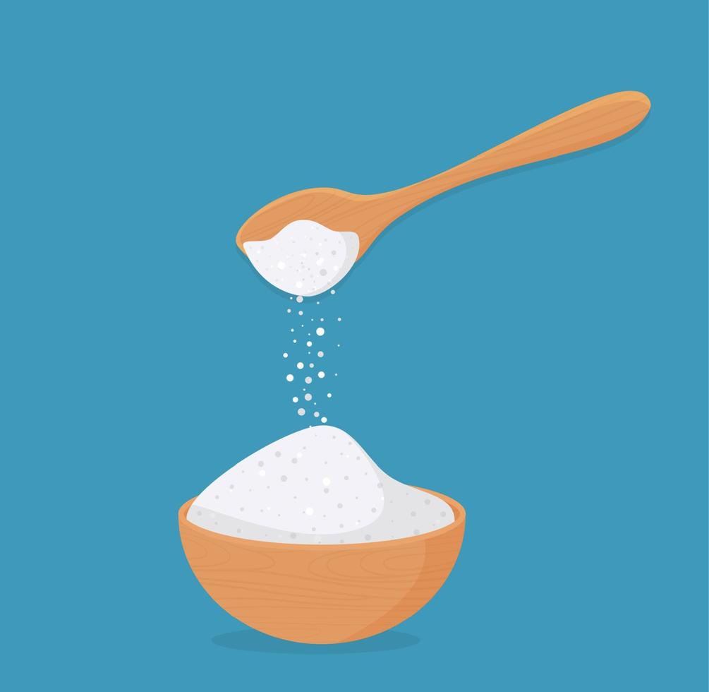 Vector illustration of a salt or sugar in a wooden bowl and in a wooden spoon.