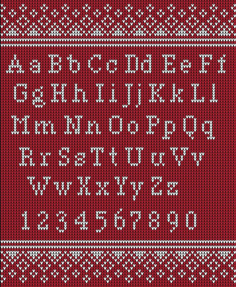 Christmas font. Knitted latin alphabet on seamless knitted pattern with snowflakes and fir. Nordic fair isle knitting, winter holiday sweater design. Vector Illustration.