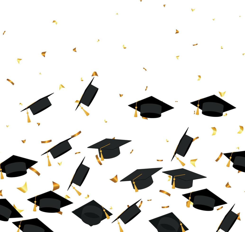 Graduation. Transparent background with realistic flying black degree caps confetti balloons and diplomas. Vector image school and university education banner with gold glitter on white background