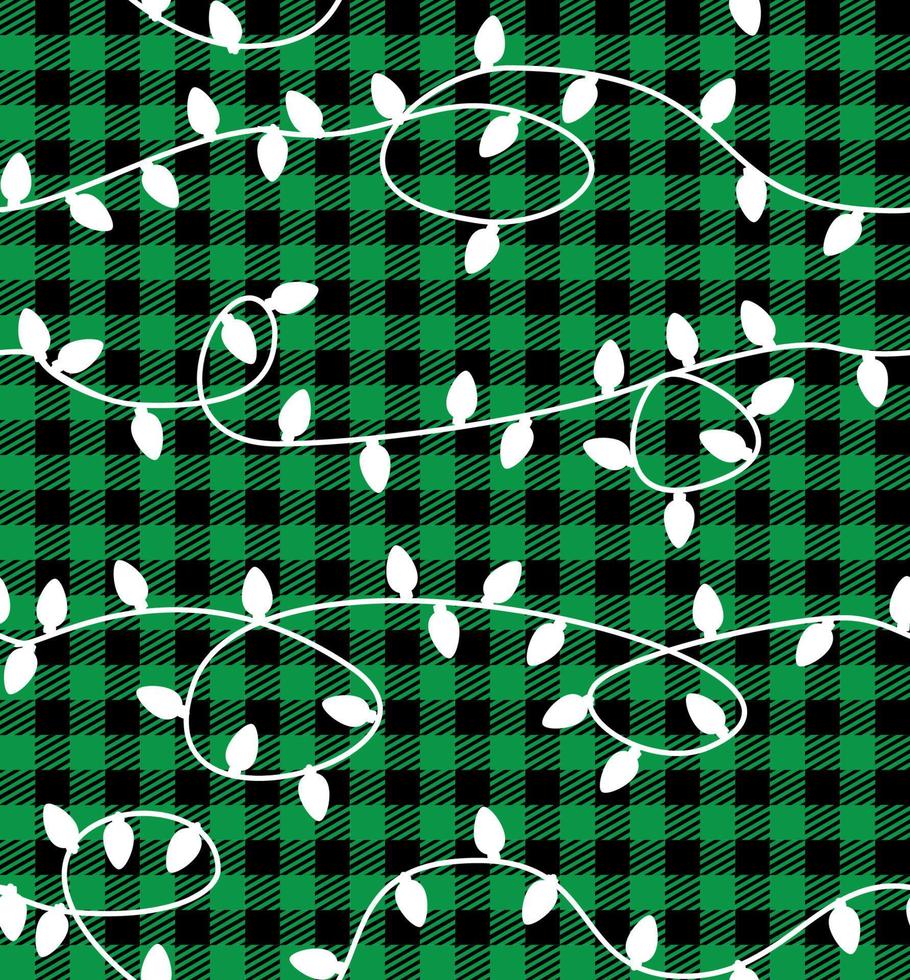Garland Christmas light bulbs. Vector Seamless Pattern. Christmas and New Year pattern at Buffalo Plaid. Festive background for design and print esp10