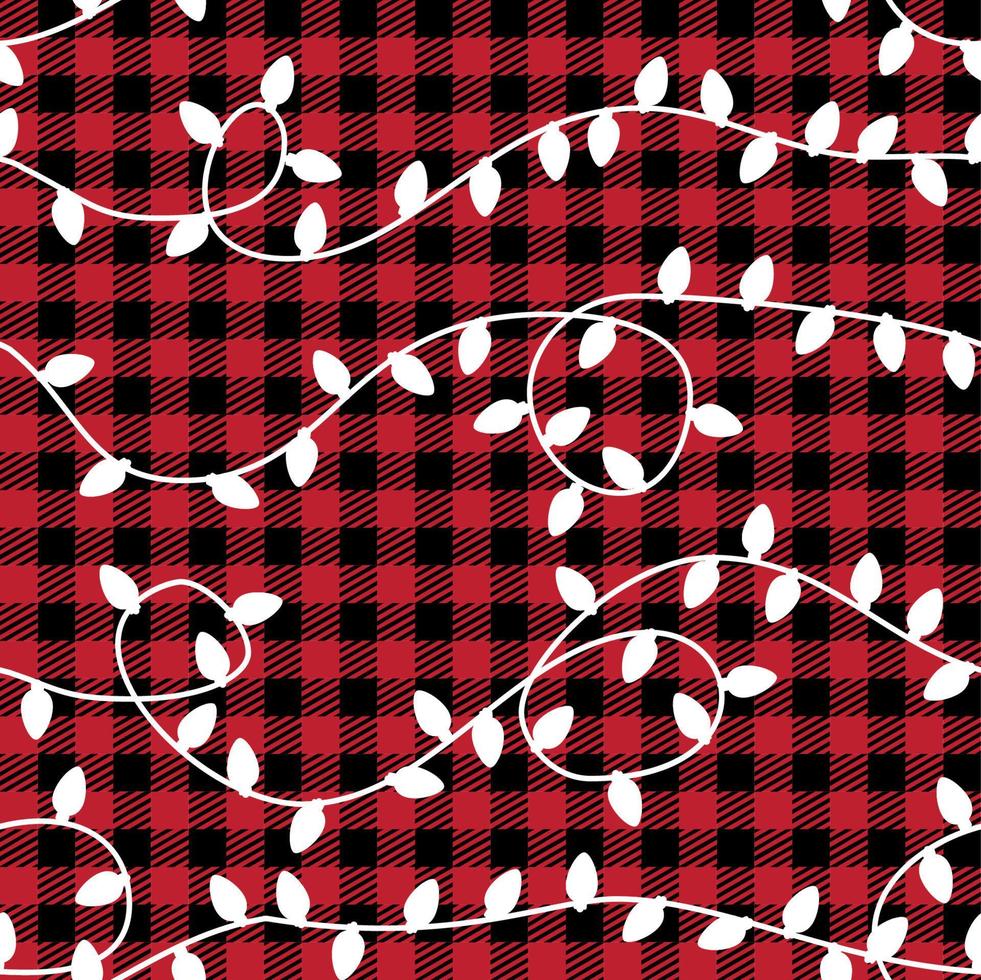 Garland Christmas light bulbs. Vector Seamless Pattern. Christmas and New Year pattern at Buffalo Plaid. Festive background for design and print esp10