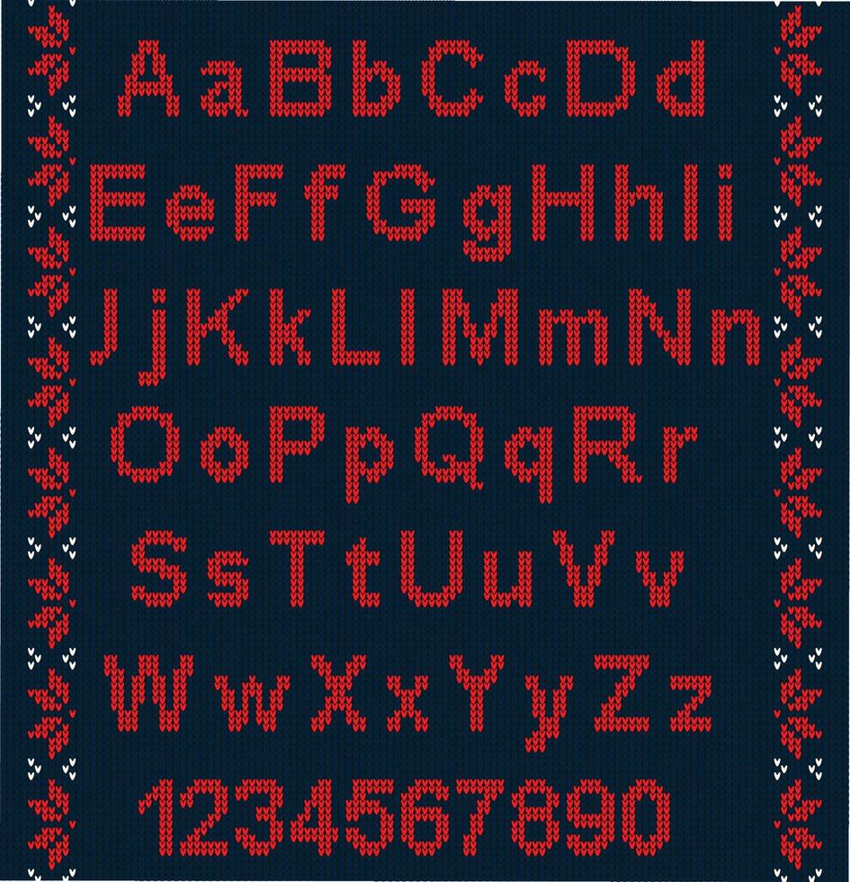 Christmas font. Knitted latin alphabet on seamless knitted pattern with snowflakes and fir. Nordic fair isle knitting, winter holiday sweater design. Vector Illustration.