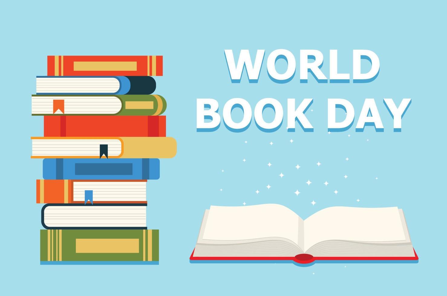 World book day 23 april. Stack of colorful books with open book on teal background. Education vector illustration.