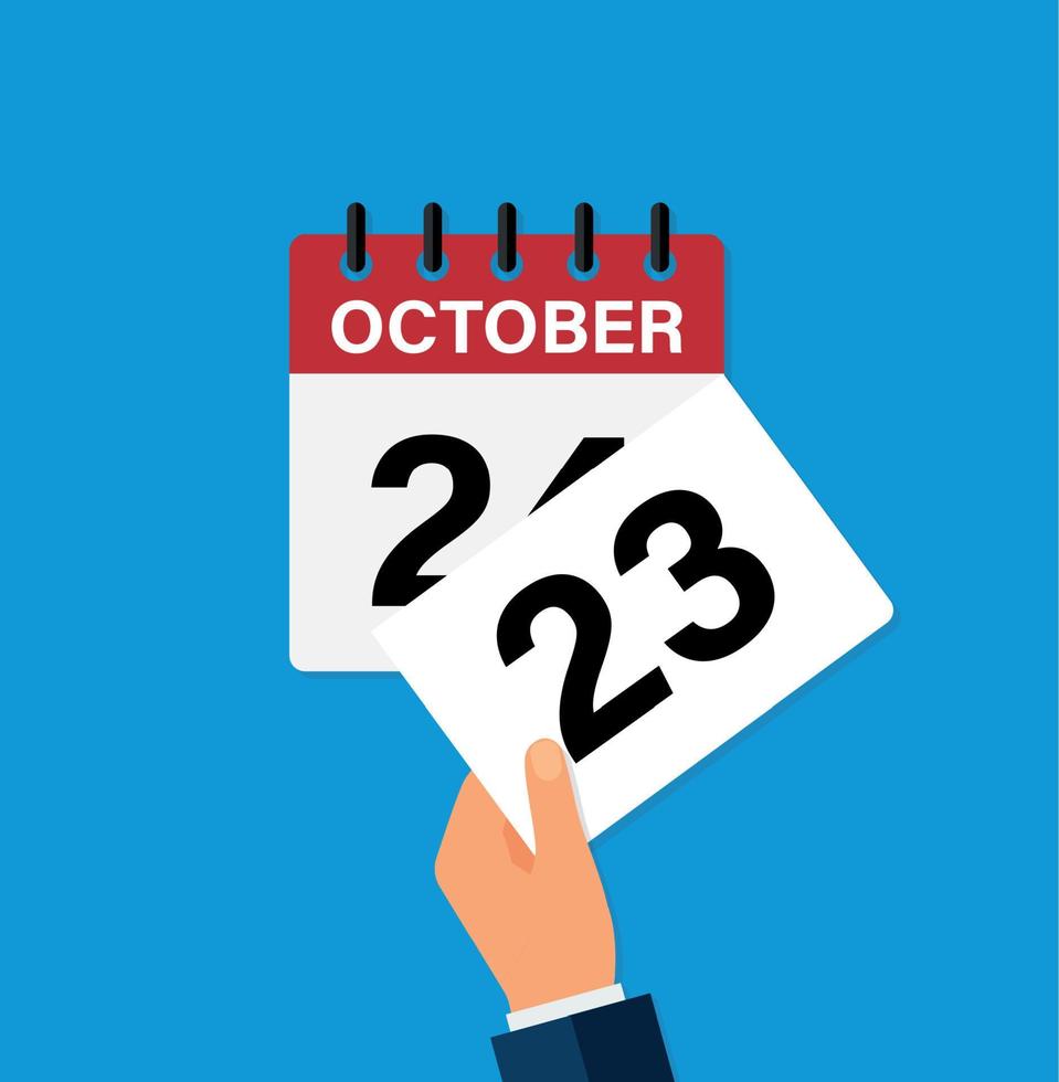 arrancar una hoja el 23 de octubre en un calendario de pared. la llegada de un nuevo día. ilustración vectorial plana. vector