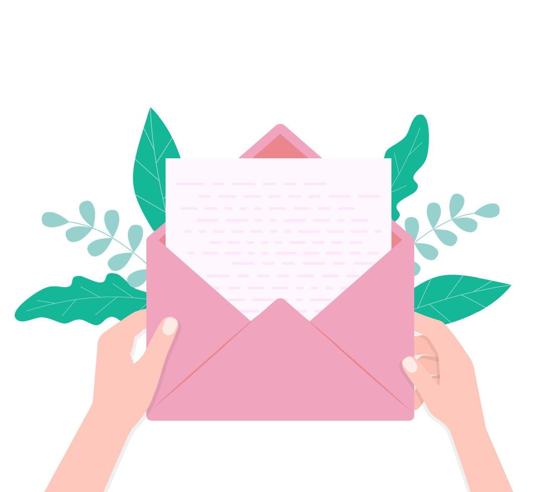 hand pulls from envelope a sheet of empty paper. mail concept. vector illustration in flat style