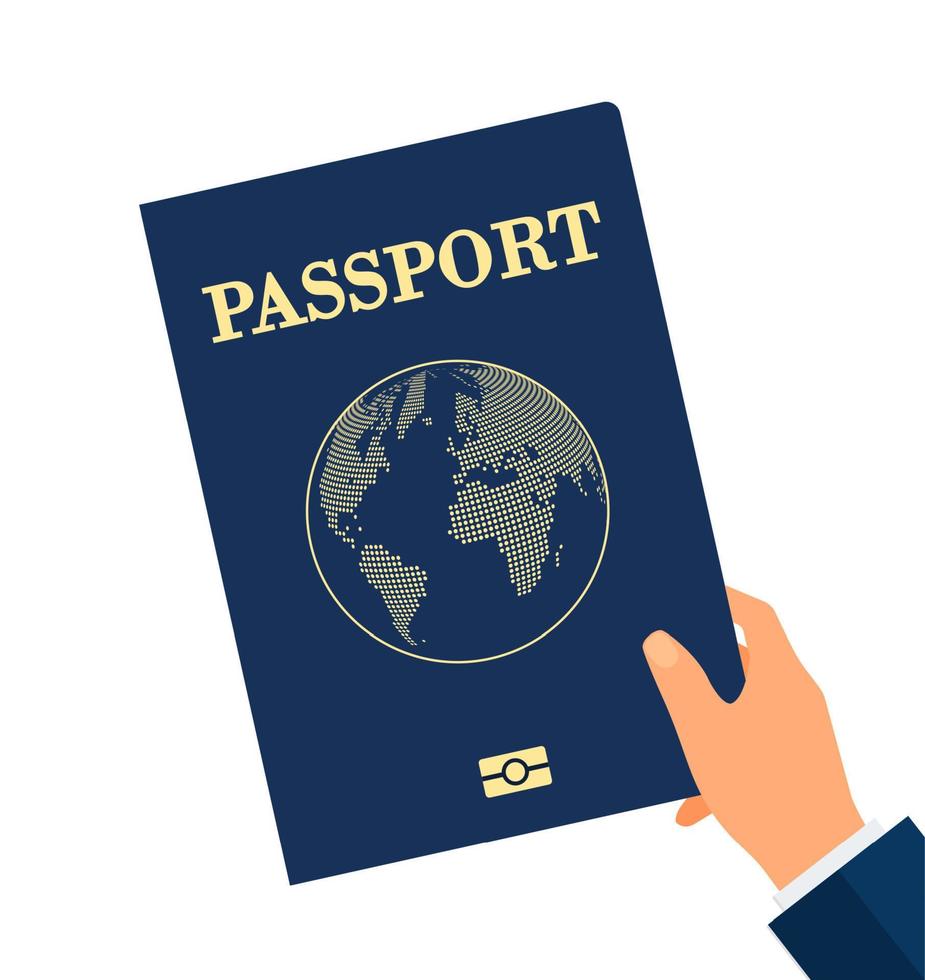 mano con pasaporte de inmunidad. persona con certificado de vacunación o ilustración de vector plano de documento. salud, coronavirus, pandemia, concepto de viaje para banner, diseño de sitio web o página de destino