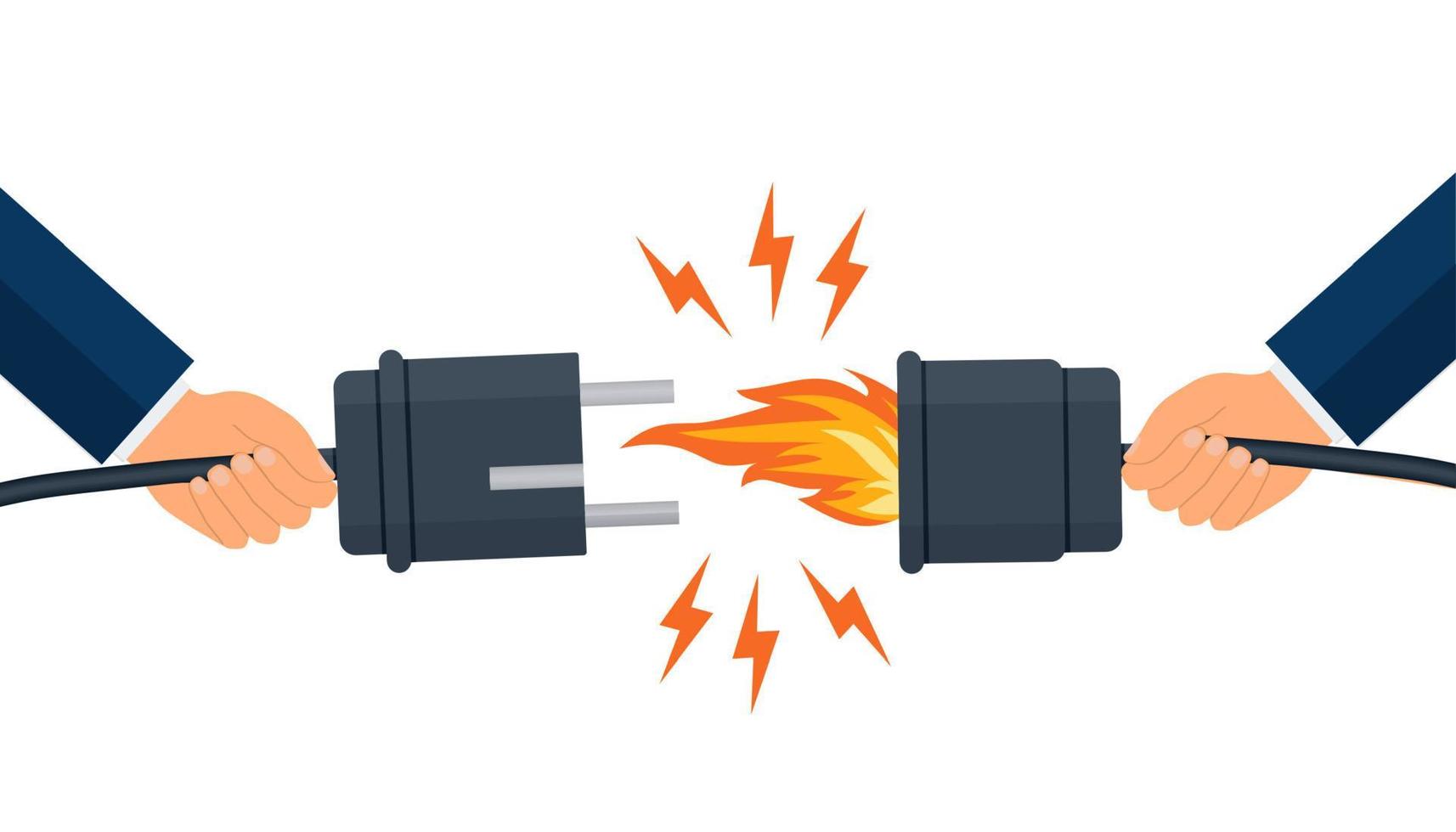 electric short circuit. Faulty damaged cable. Fire from overload. Electrical safety concept. Vector illustration flat design. Short circuit electrical circuit. Broken electrical connection.
