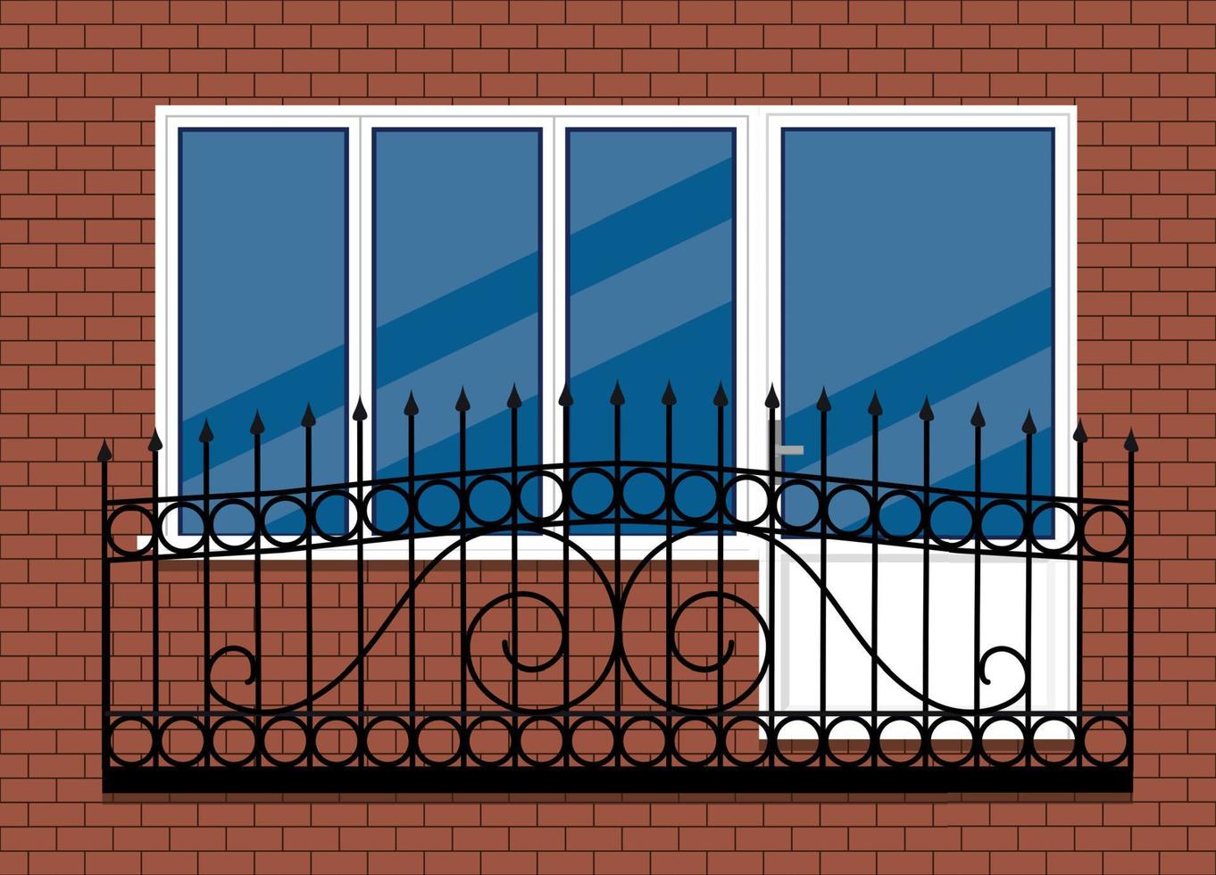 white plastic pvc window with door and balcony with black metal balcony rail, front view. isolated on a red brown brick wall background. Cartoon style flat design. vector