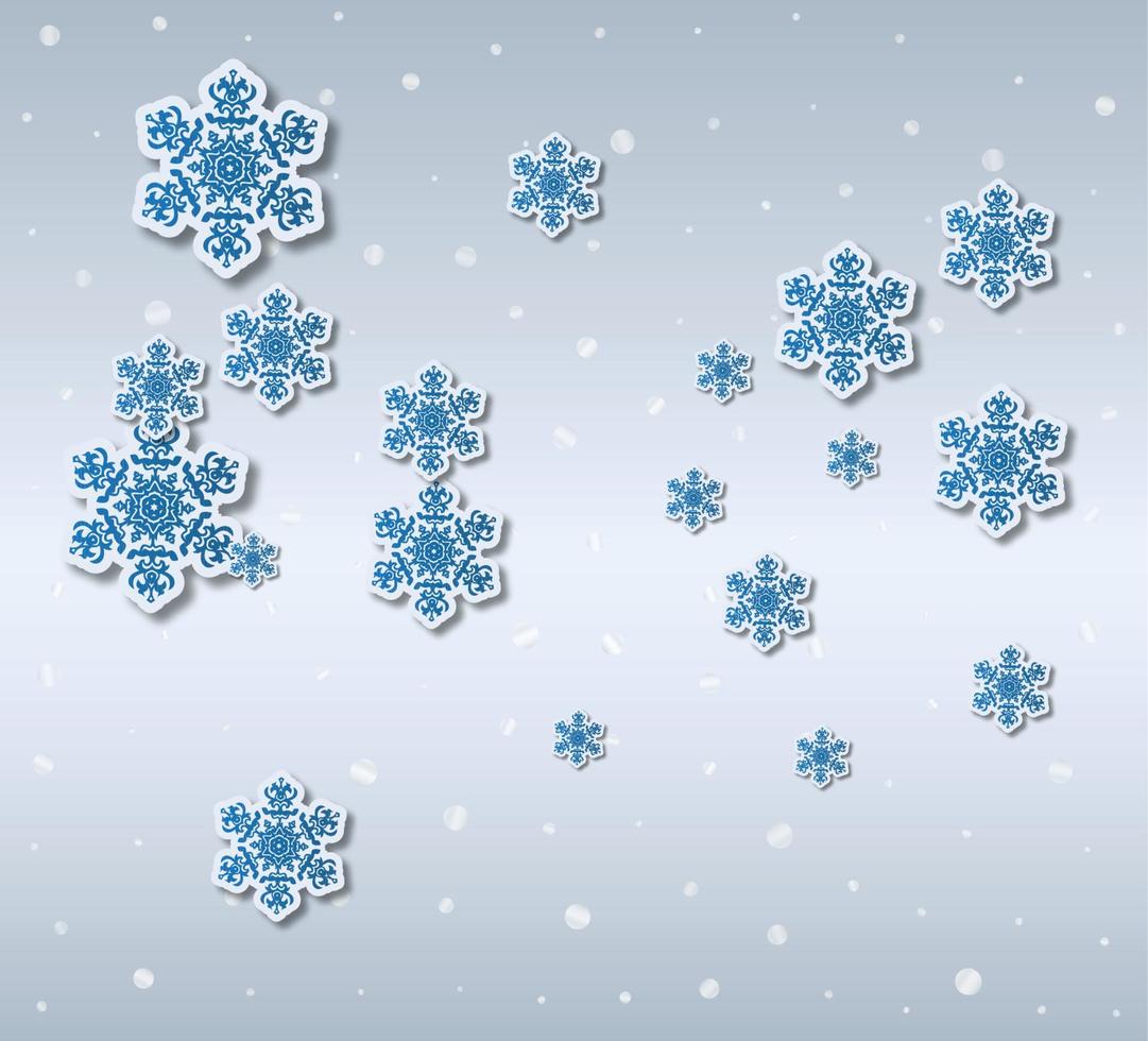 Christmas greeting card with type design and decorations on the snowy blue background. Vector illustration.