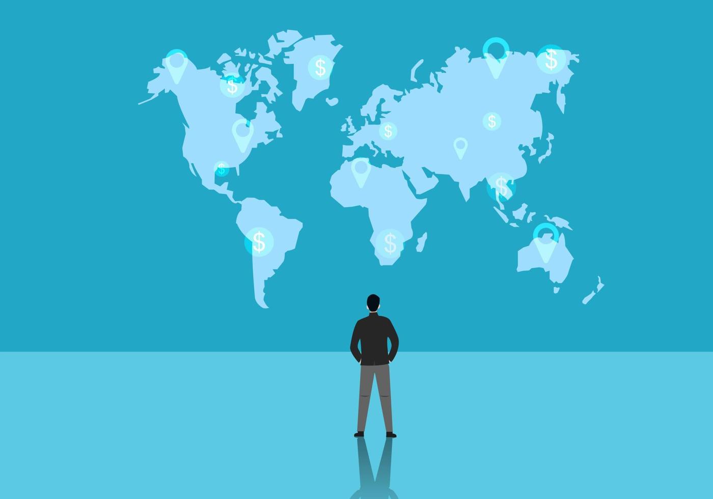 Business people planning business stand in front of the world map with the goal of expanding the business around the world and growing vector