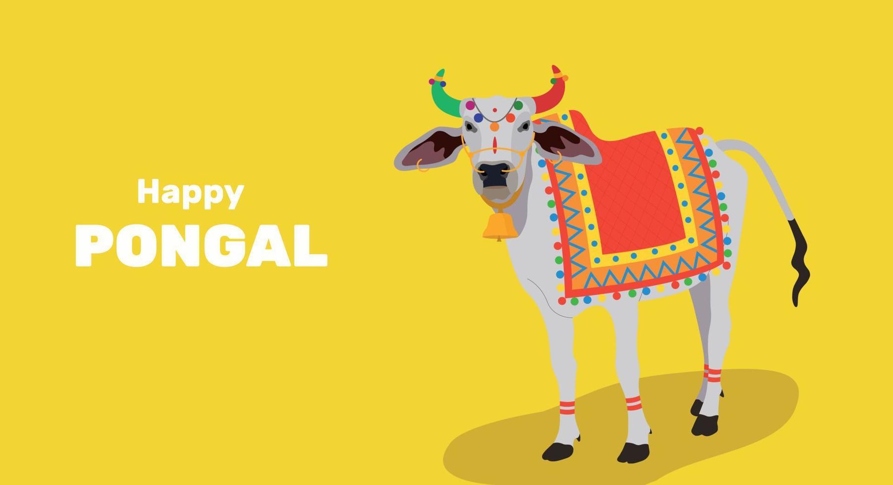 Happy religious holiday Pongal with South Indian holiday background and Happy Pongal. Vector illustration. Tamil Nadu festival, South India. Sacred Indian cow. buffalo zebu