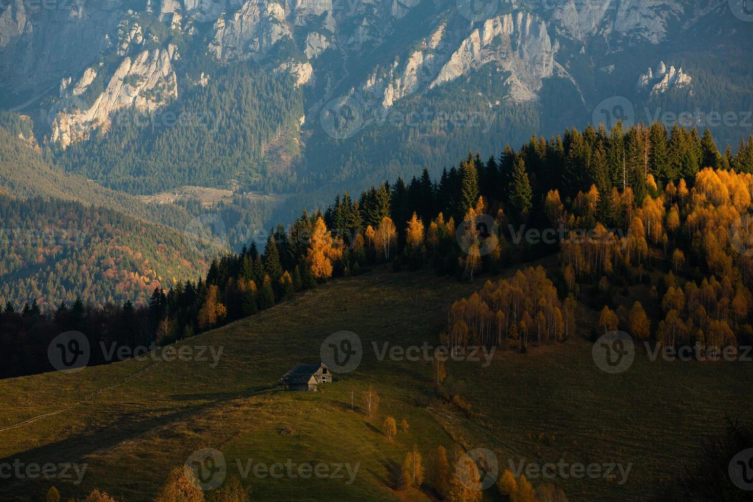 A charming mountain landscape in the Bucegi mountains, Carpathians, Romania. Autumn nature in Moeciu de Sus, Transylvania photo