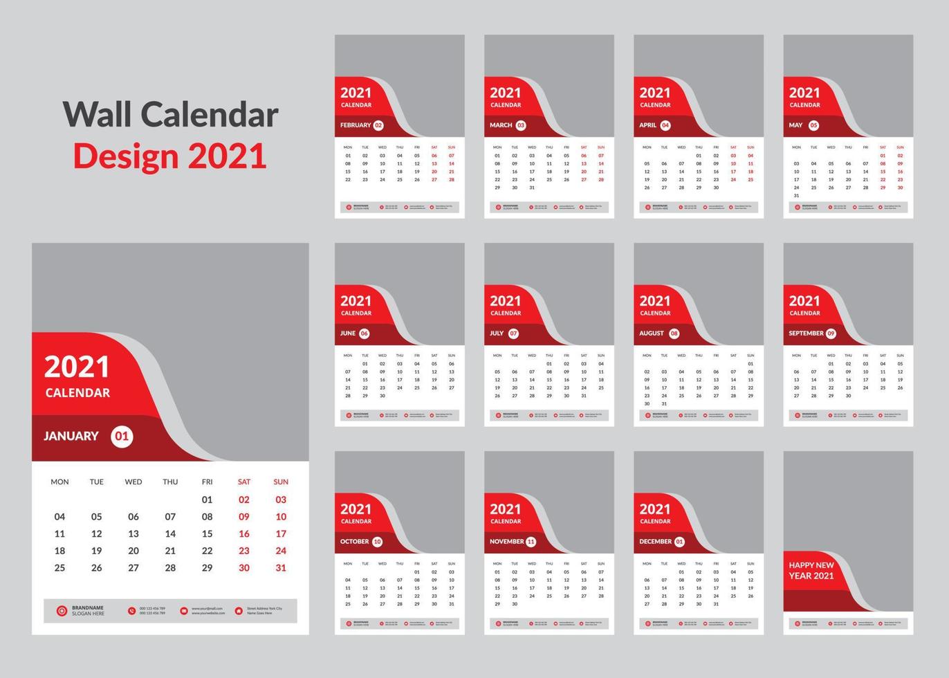 plantilla de calendario de pared 2021 vector