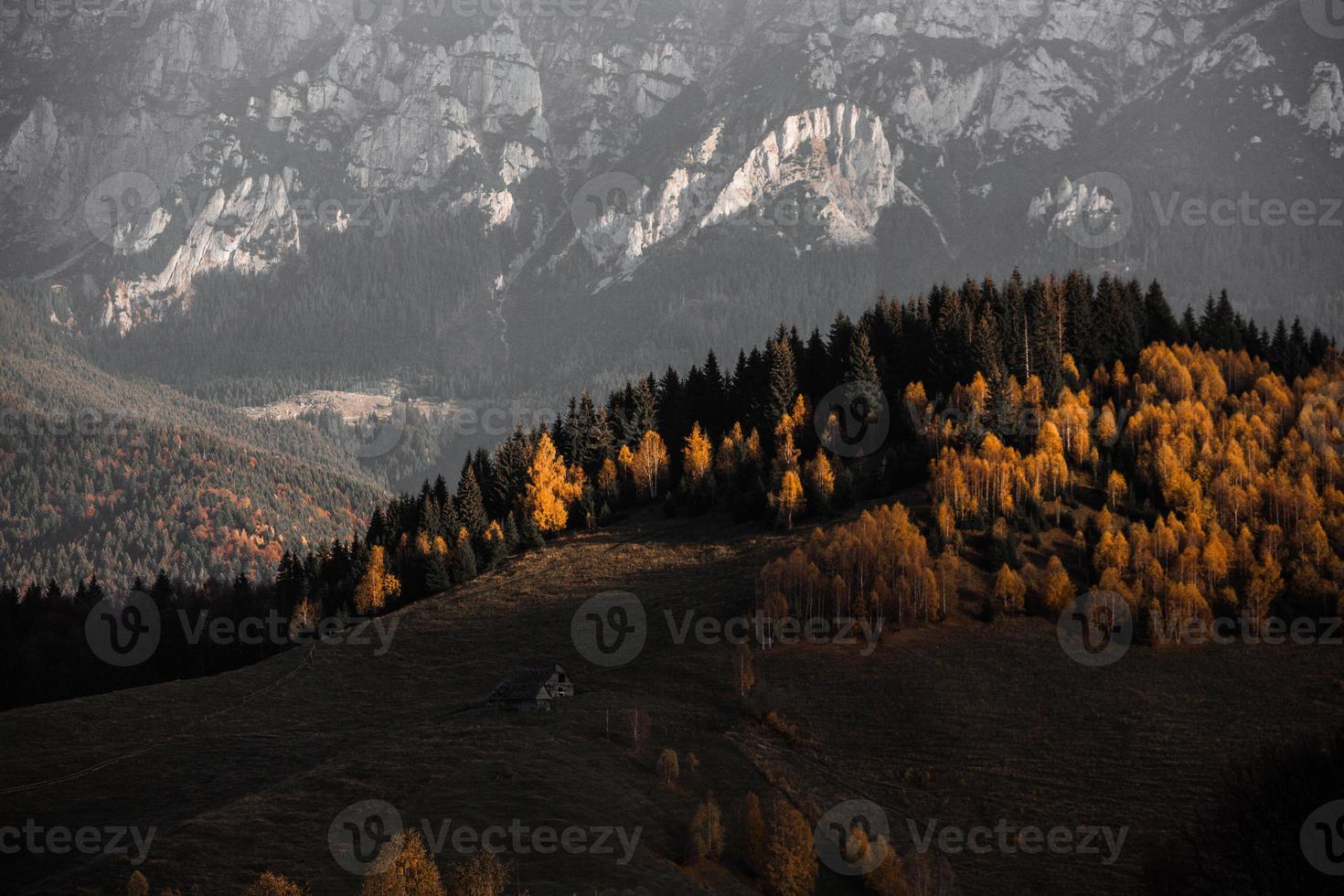 A charming mountain landscape in the Bucegi mountains, Carpathians, Romania. Autumn nature in Moeciu de Sus, Transylvania photo