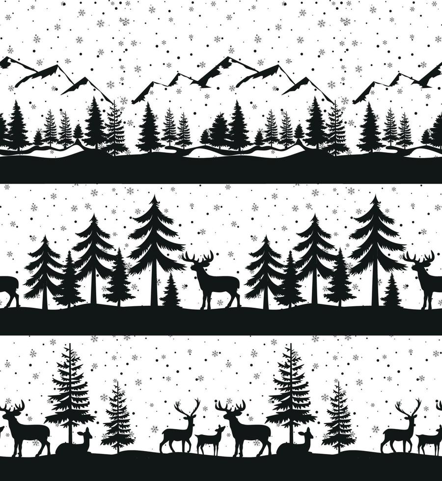 Christmas seamless pattern. Snow winter landscape with deer. Merry christmas greeting card. vector