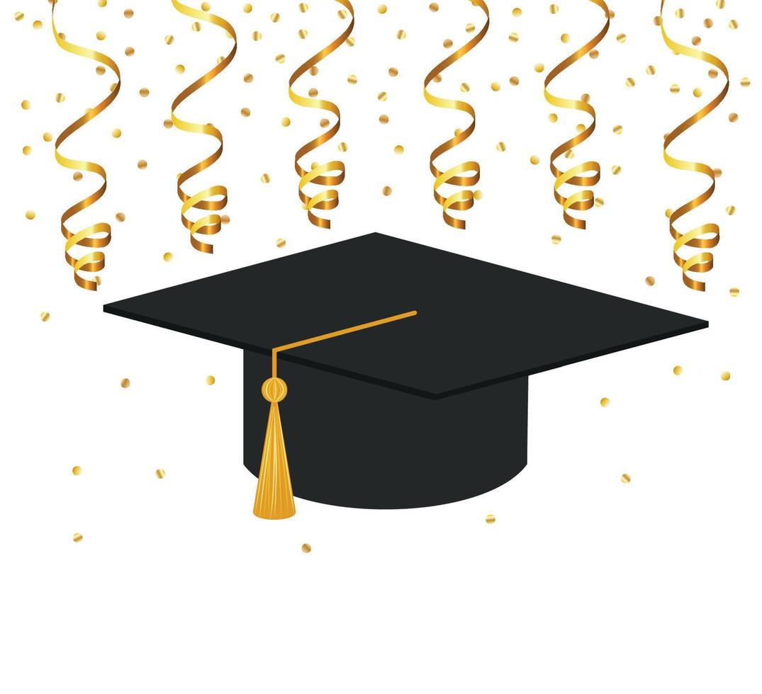 graduate cap and diploma with falling golden confetti on background vector