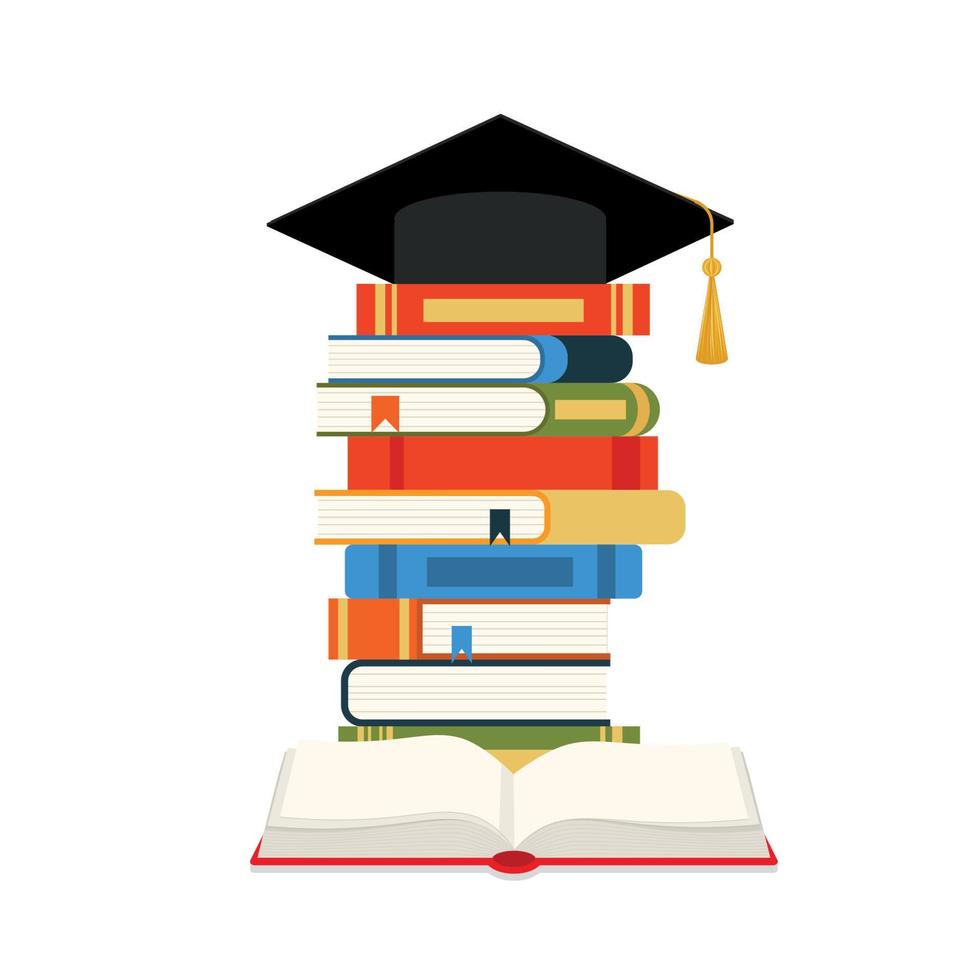 Graduation cap and books. The concept education. Stack of books, cap, hat. Vector. vector