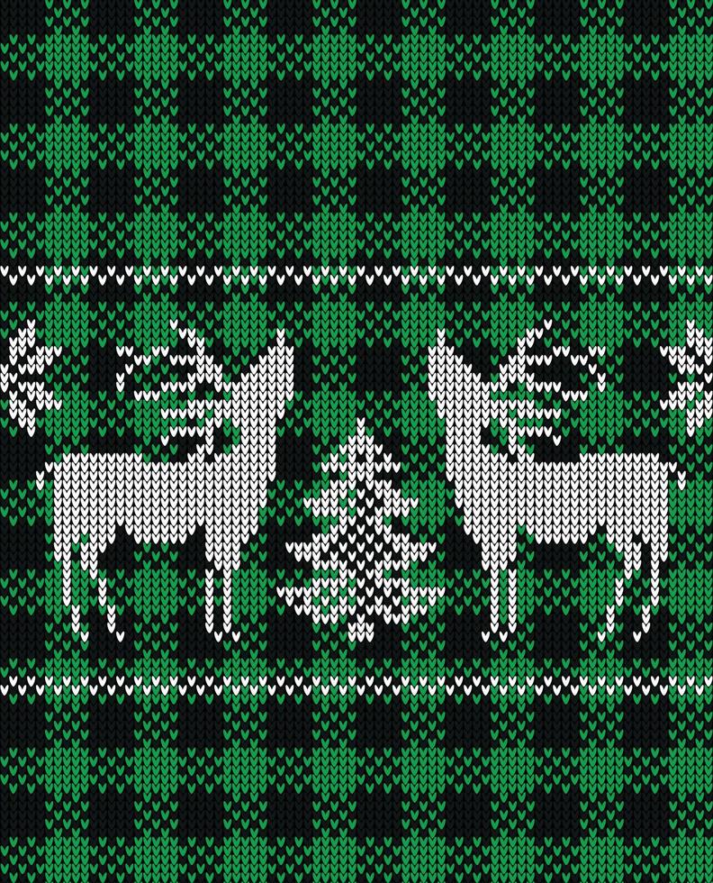 Ugly sweater at Buffalo Plaid Merry Christmas and Happy New Year greeting card frame border . illustration knitted background seamless pattern with folk style scandinavian ornaments. vector