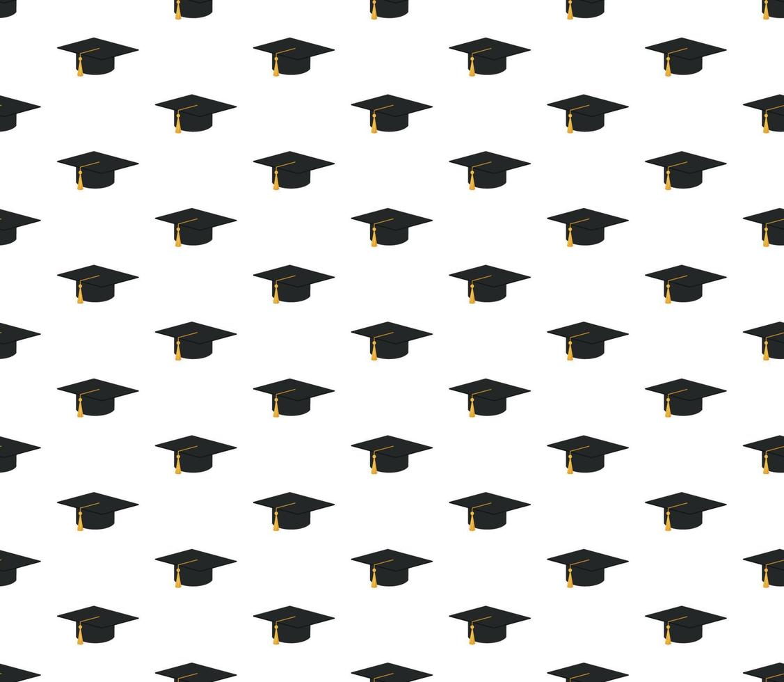 Graduation cap and diploma scroll seamless background. Higher education celebration anniversary symbol pattern. Black texture backdrop. Vector illustration