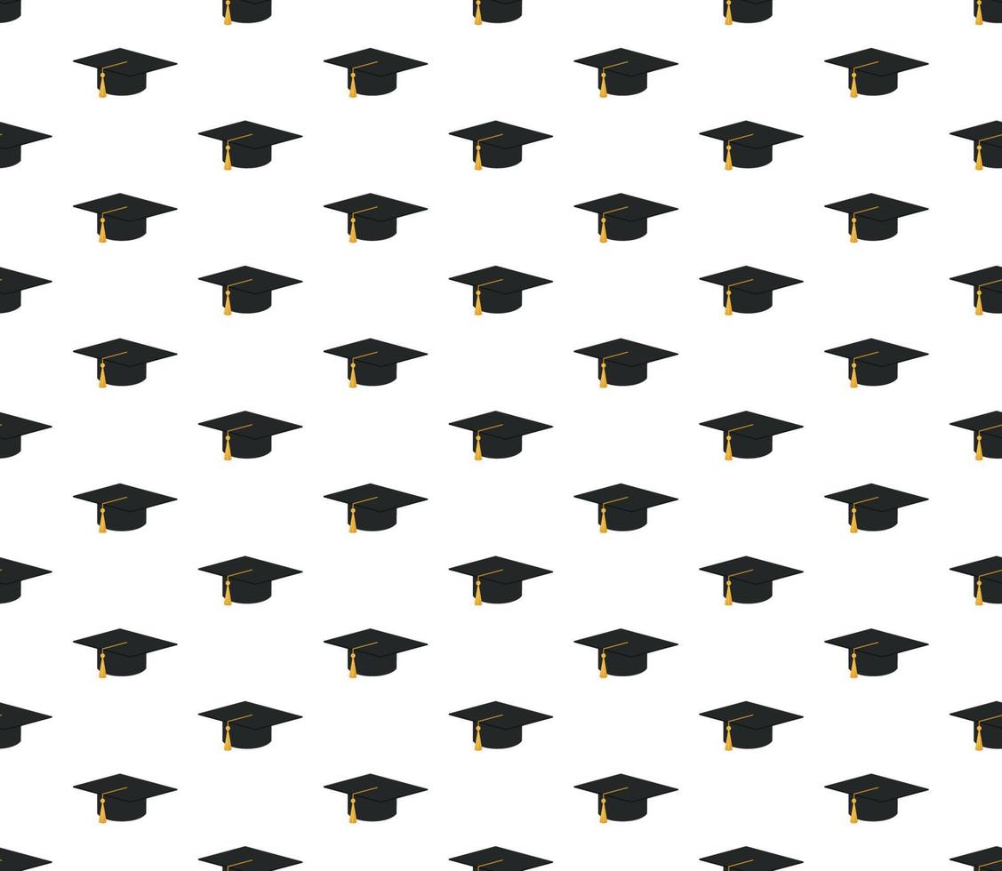 Graduation cap and diploma scroll seamless background. Higher education celebration anniversary symbol pattern. Black texture backdrop. Vector illustration