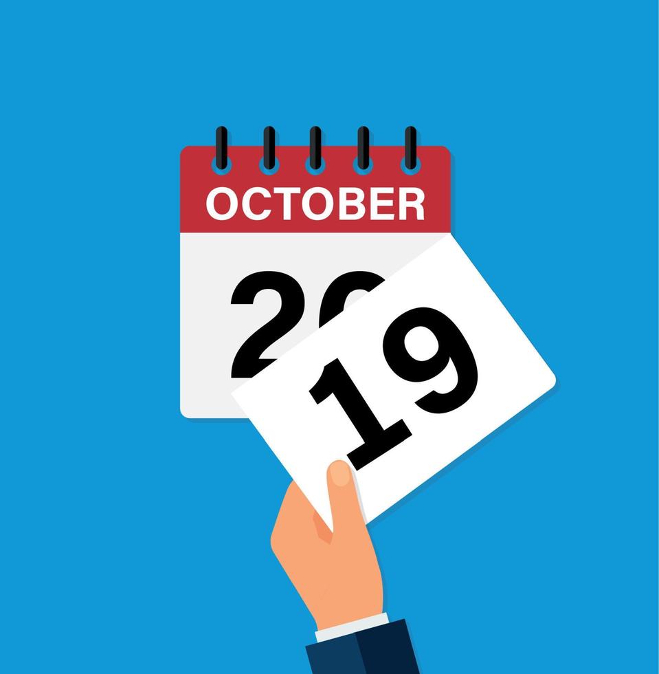 arrancar una hoja el 19 de octubre en un calendario de pared. la llegada de un nuevo día. ilustración vectorial plana. vector