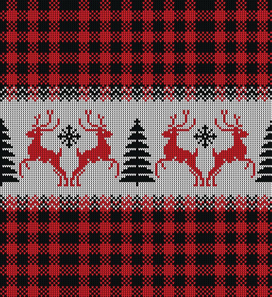 Ugly sweater at Buffalo Plaid Merry Christmas and Happy New Year greeting card frame border . illustration knitted background seamless pattern with folk style scandinavian ornaments. vector