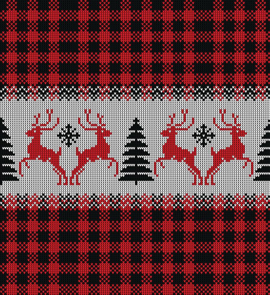 Ugly sweater at Buffalo Plaid Merry Christmas and Happy New Year greeting card frame border . illustration knitted background seamless pattern with folk style scandinavian ornaments. vector