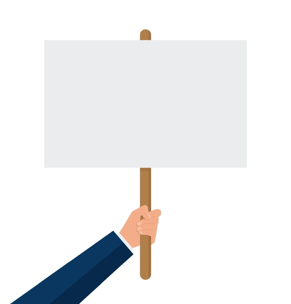 Empty sign in hand. Hands holding blank protest poster. Cartoon vector illustration. Placard and poster empty, protest announcement board