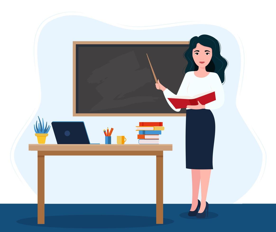 Female teacher in classroom. Smiling woman teacher standing by blackboard or chalkboard in the classroom. School and learning concept, teacher s day. vector