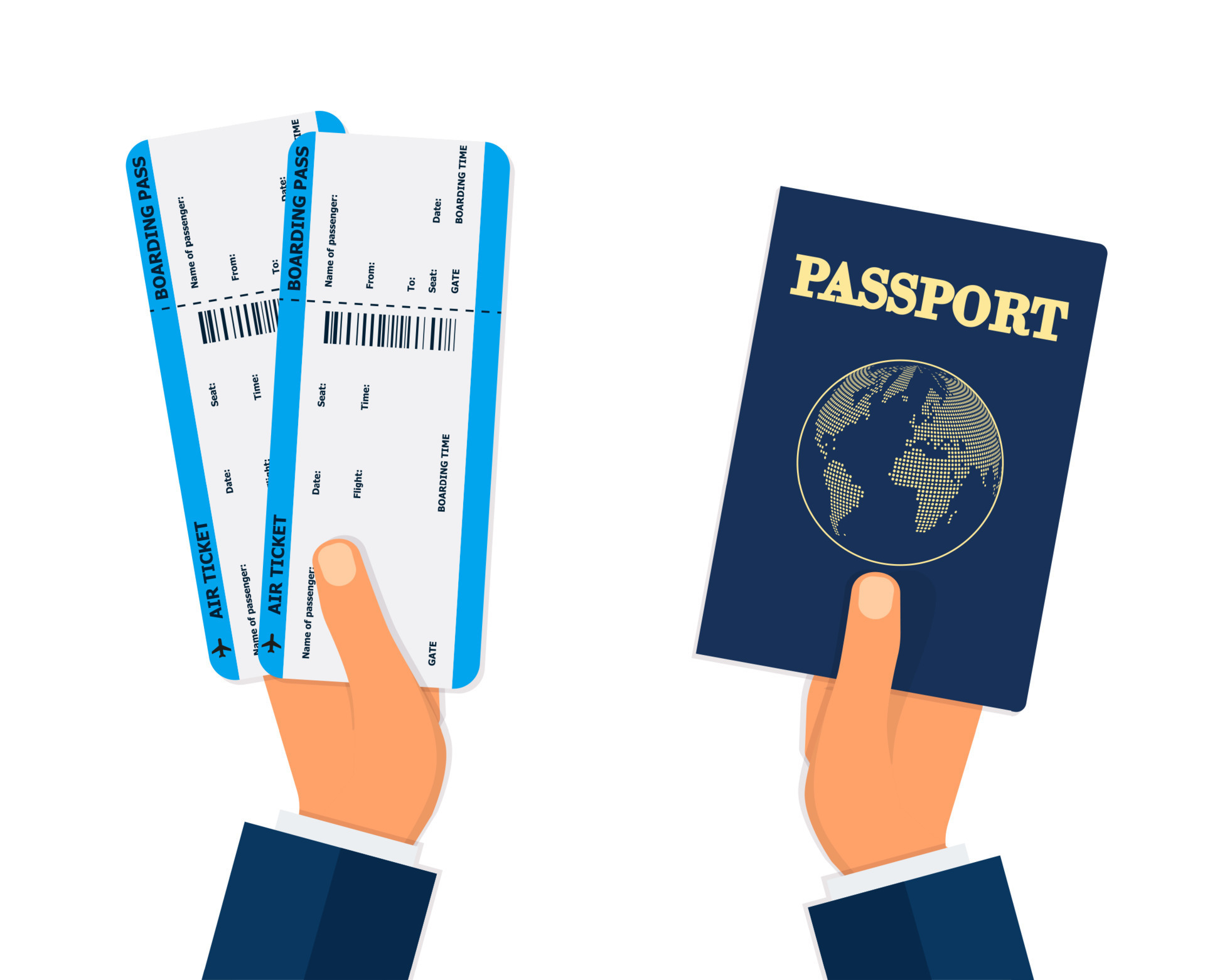 Boarding Pass and Passport in hands. travel concept. vector illustration in  flat design, on blue background. 14003649 Vector Art at Vecteezy