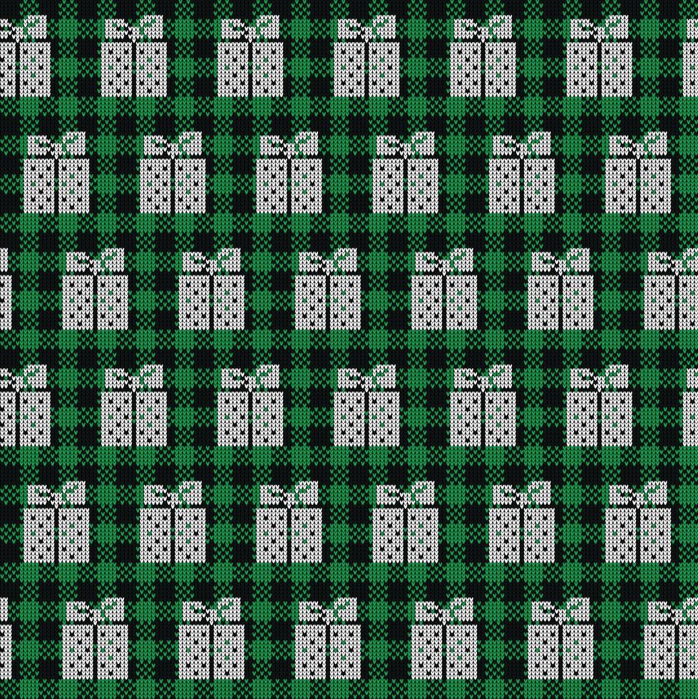 Ugly sweater at Buffalo Plaid Merry Christmas and Happy New Year greeting card frame border . illustration knitted background seamless pattern with folk style scandinavian ornaments. vector