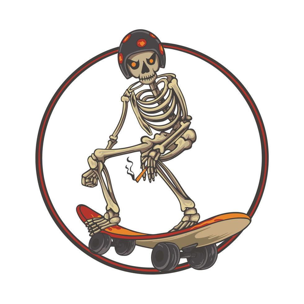 skateboarding skull illustration with circles in the background t shirt and sticker design vector