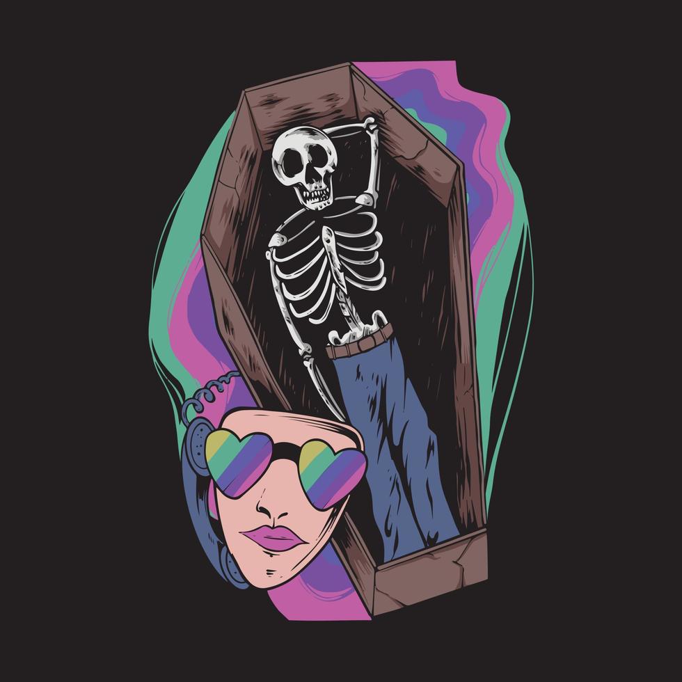 illustration of a skull in a coffin with a woman's face beside it vector