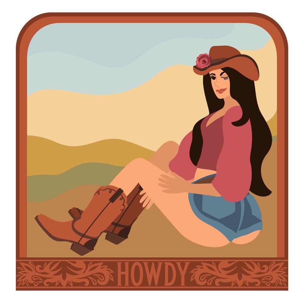 Retro cowgirl. Vector vintage portrait of young attractive  girl in cowboy hat and boots sitting on the ground. Howdy.