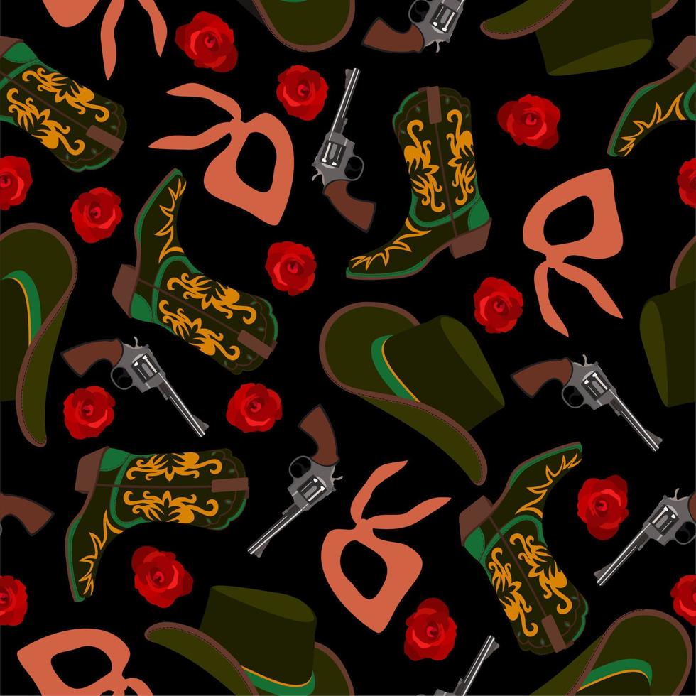 Vector seamless pattern with cowboy hats, boots, bandanas, guns and roses on black background.