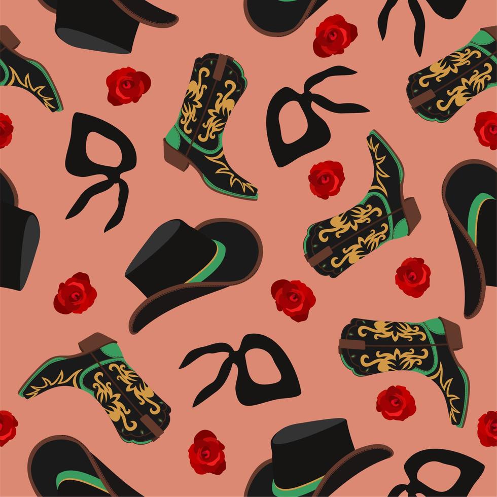 Vector seamless pattern with cowboy hats, boots, bandanas and roses on pink background.