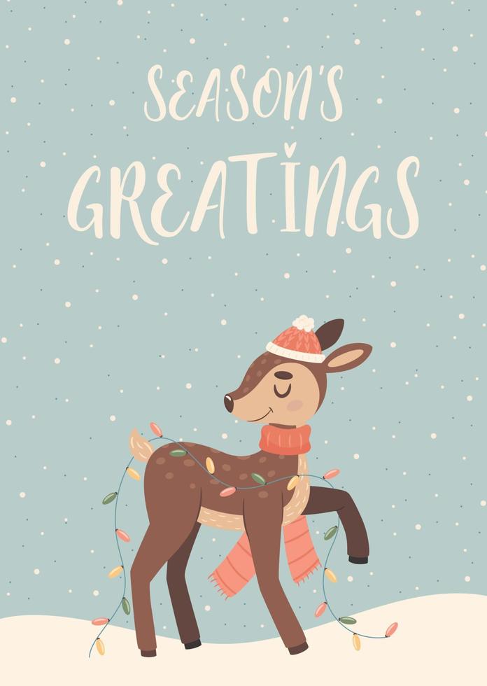 Happy Christmas greeting card with cute cartoon deer character vector